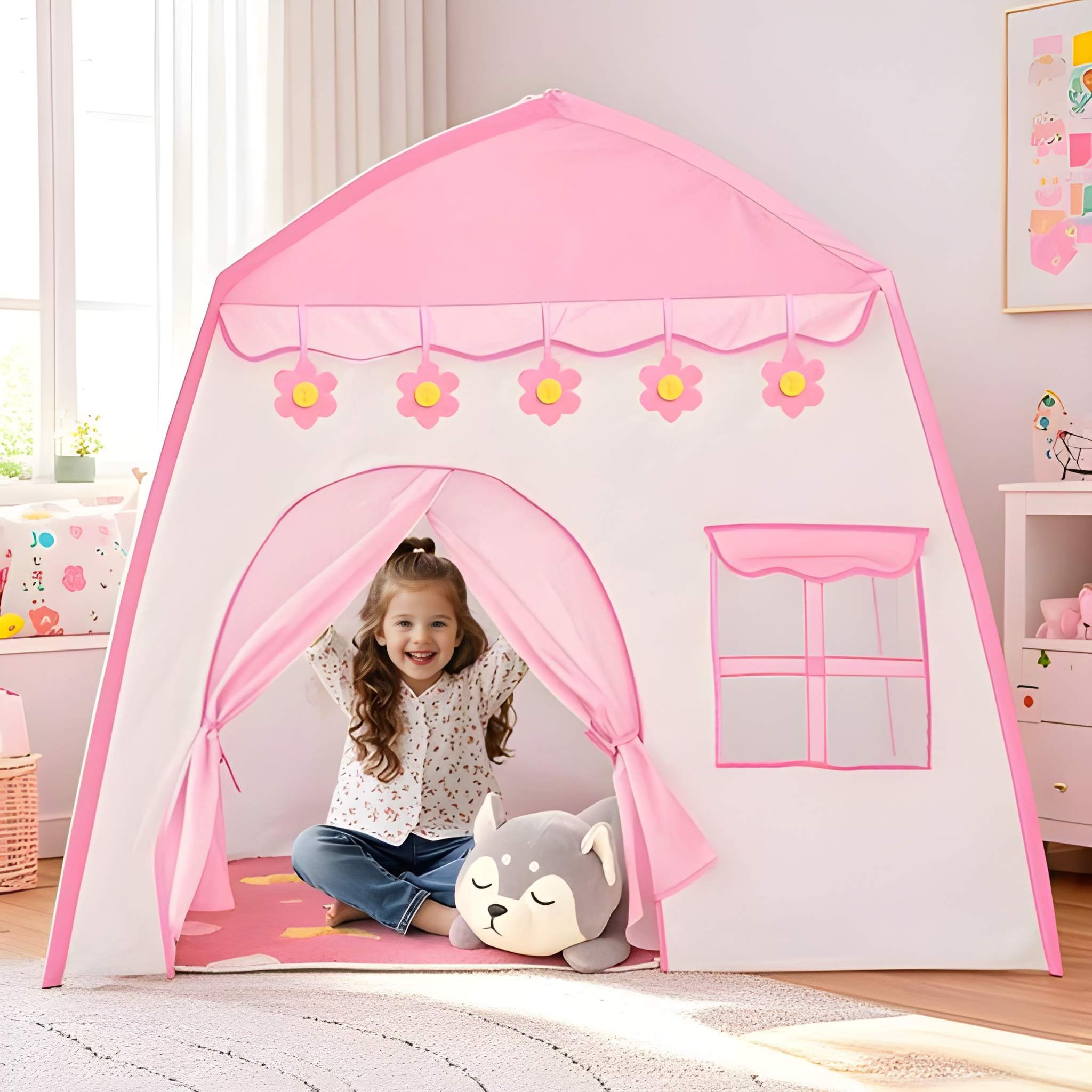 Kids Foldable Castle Play Tent With Large Indoor Space And Window Design