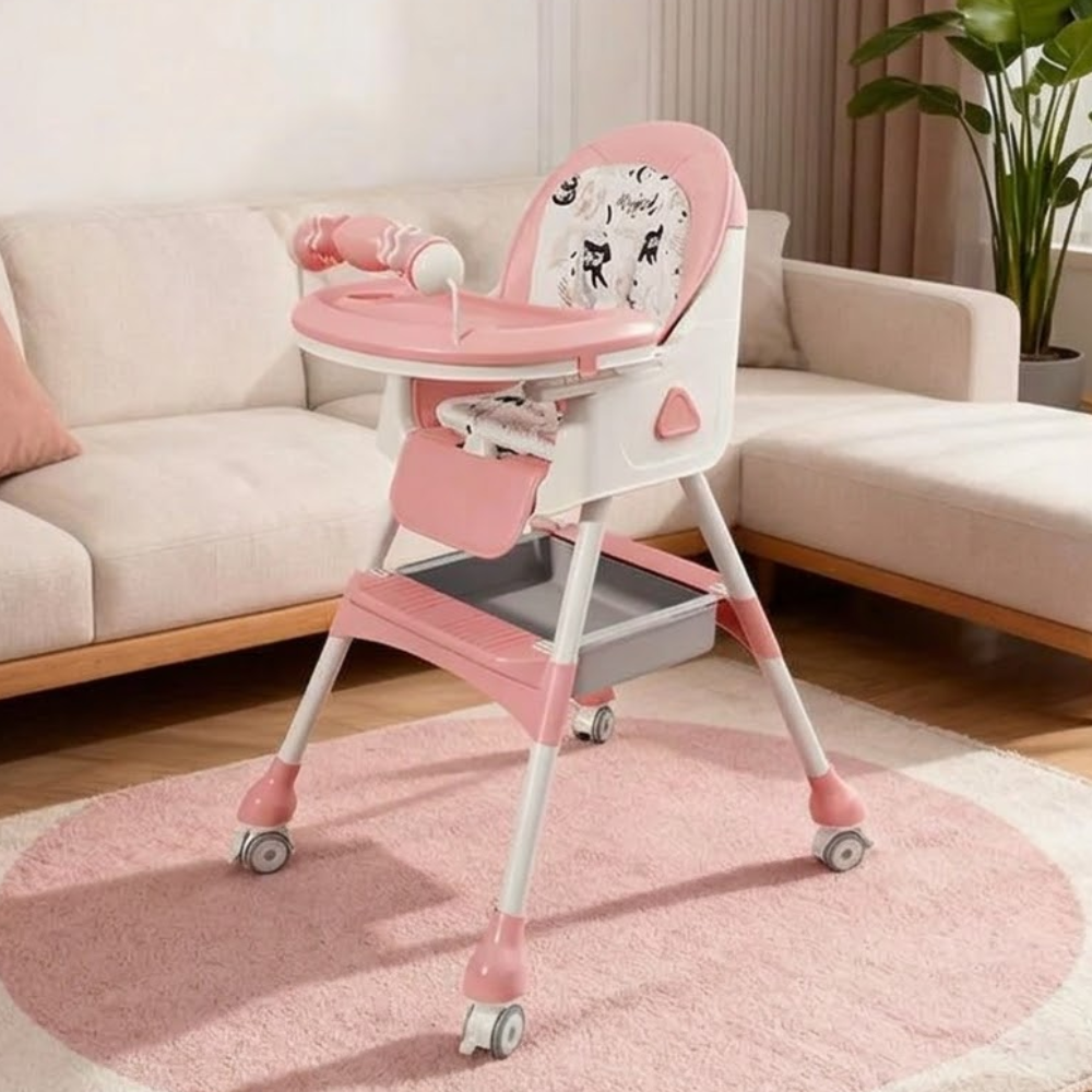 Kids Foldable Adjustable Recline Footrest High Chair With Double Tray And Locking Wheels Gift