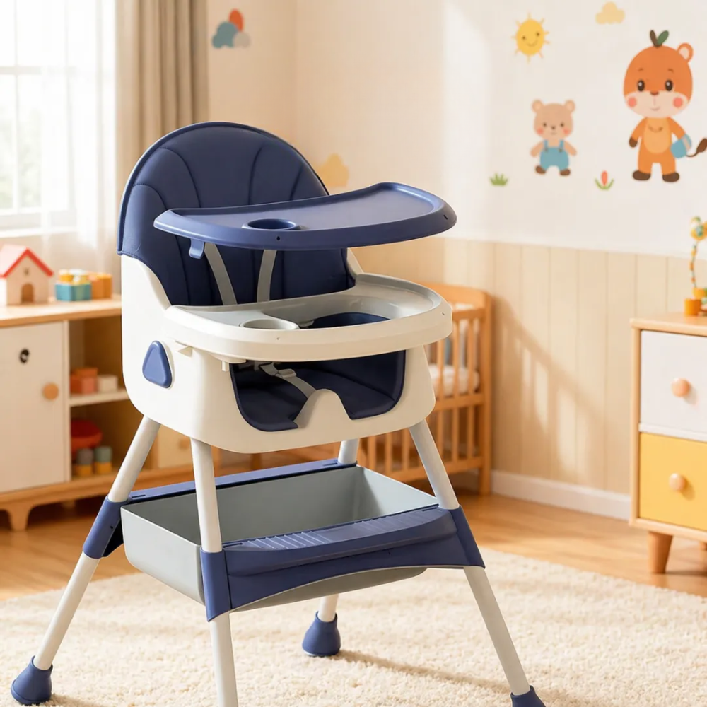 Kids Foldable Adjustable Recline Footrest High Chair With Double Tray And Locking Wheels Gift