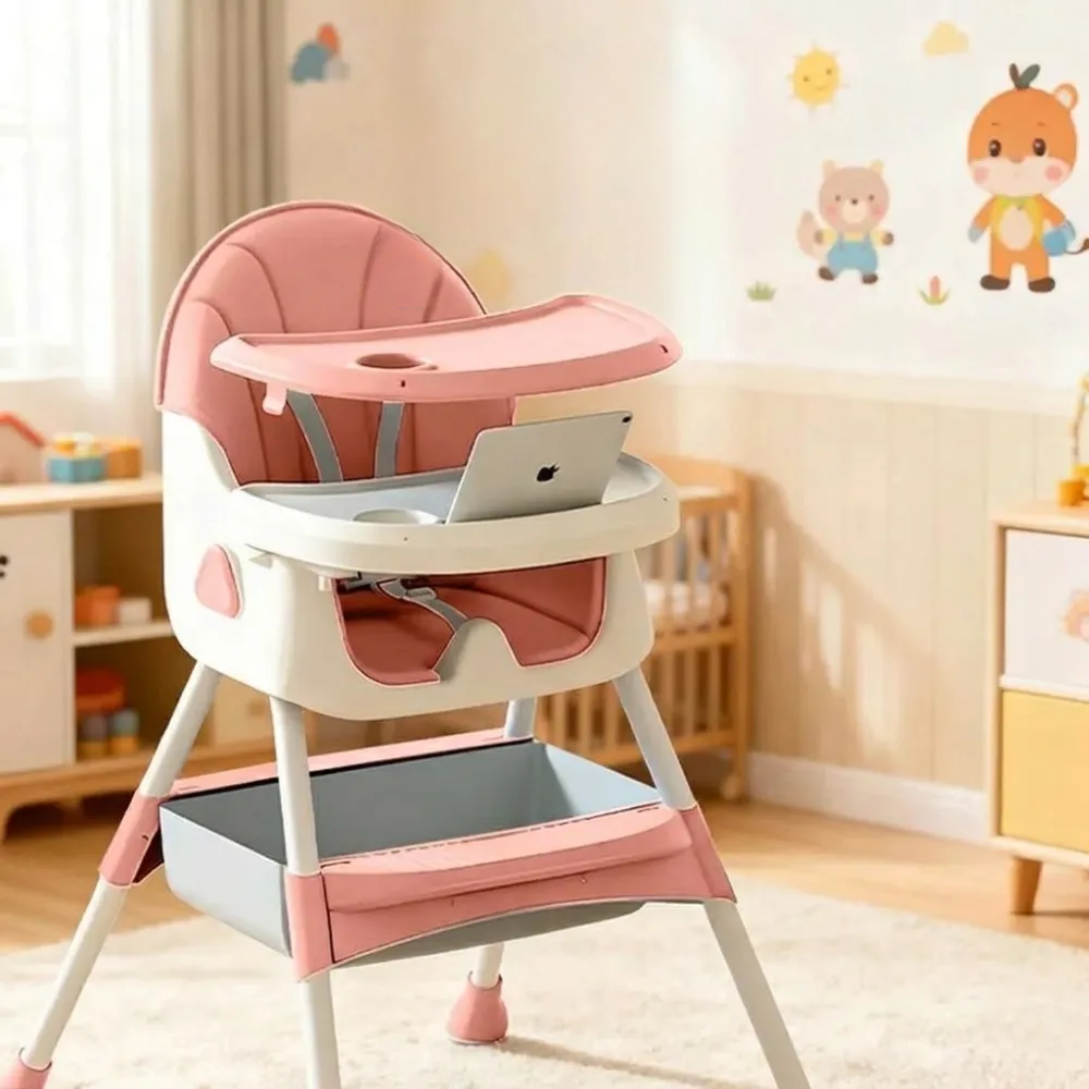 Kids Foldable Adjustable Recline Footrest High Chair With Double Tray And Locking Wheels Gift