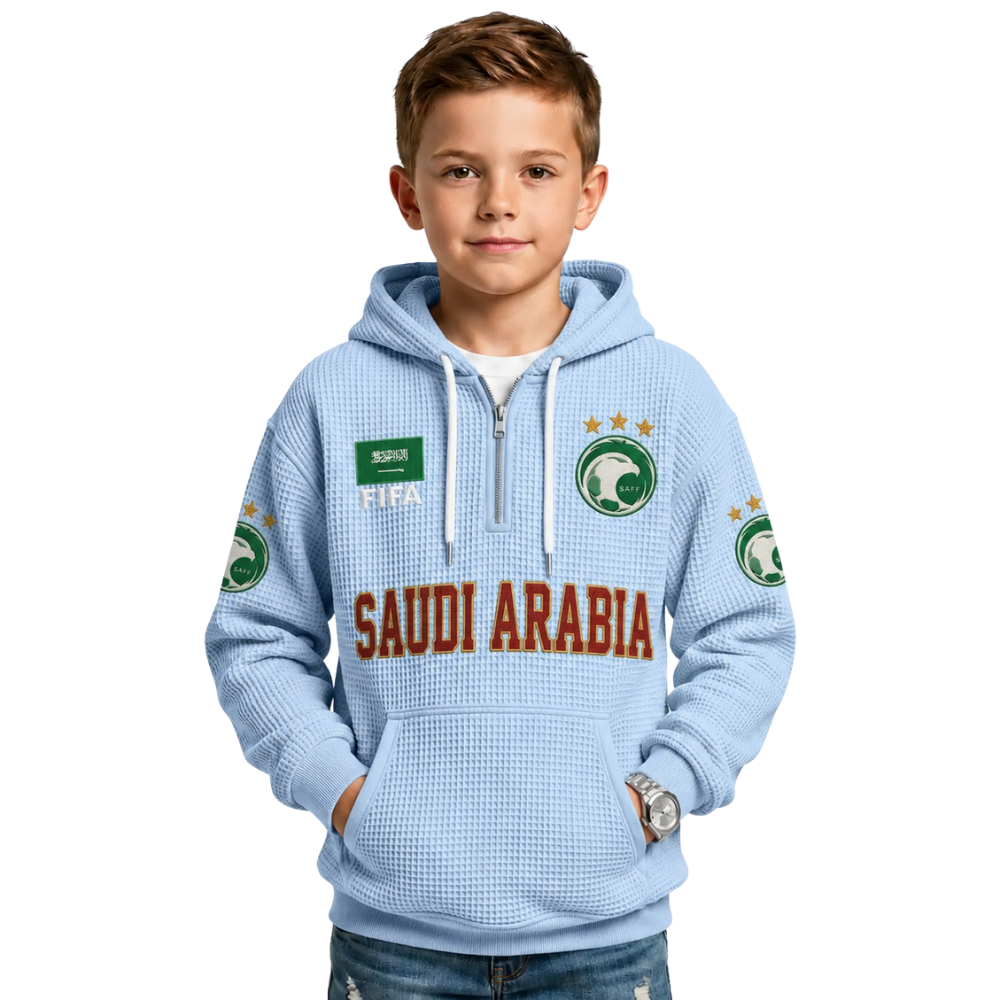 FIFA 2026 Saudi Arabia Printed Waffle Quarter Zip Kids Football Fan Hoodie