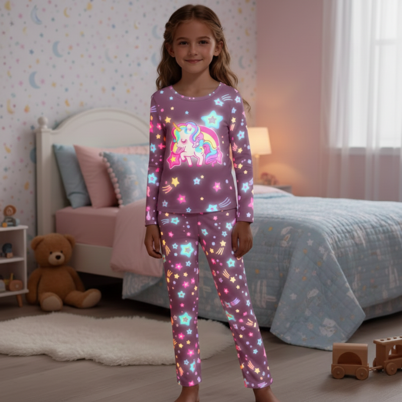 Girls Unicorn Print Long Sleeve Pajama Set