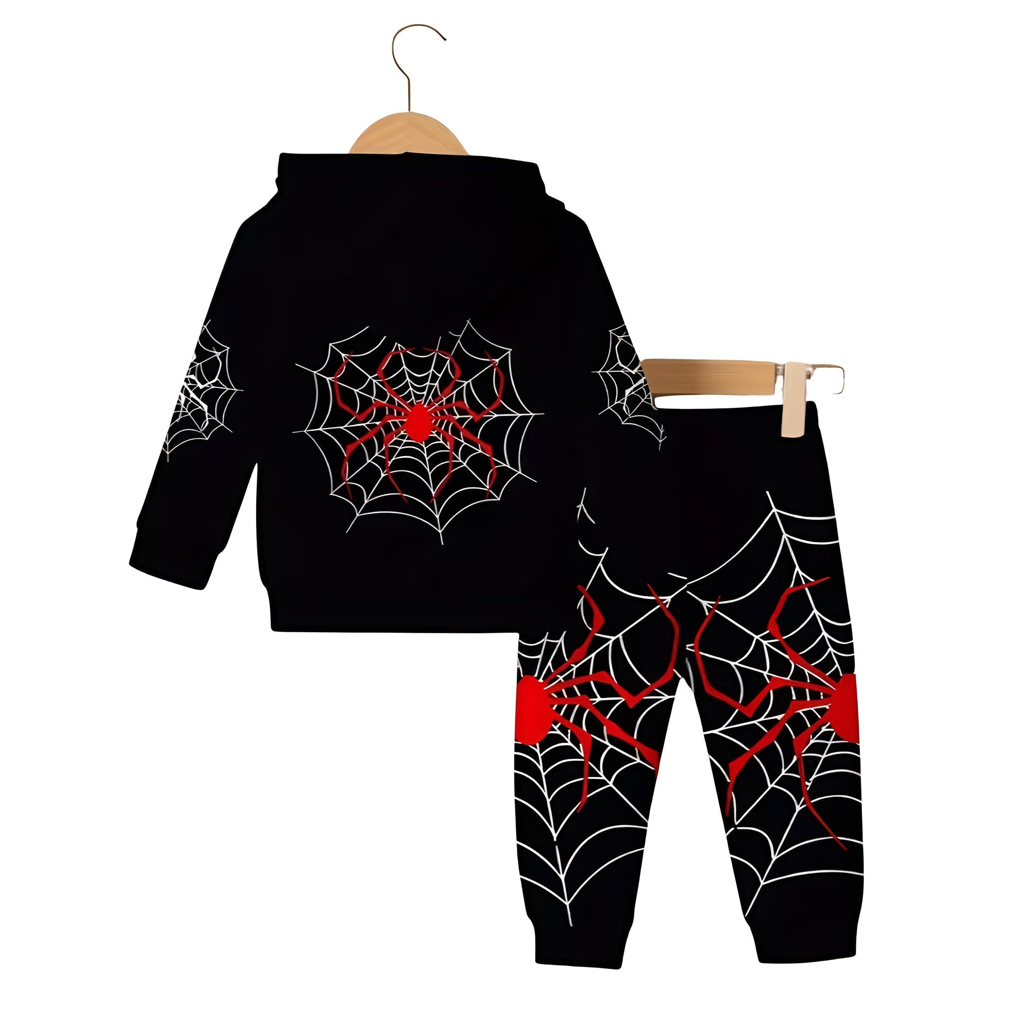 Boys Spider Web Print Hooded Sweatshirt Set