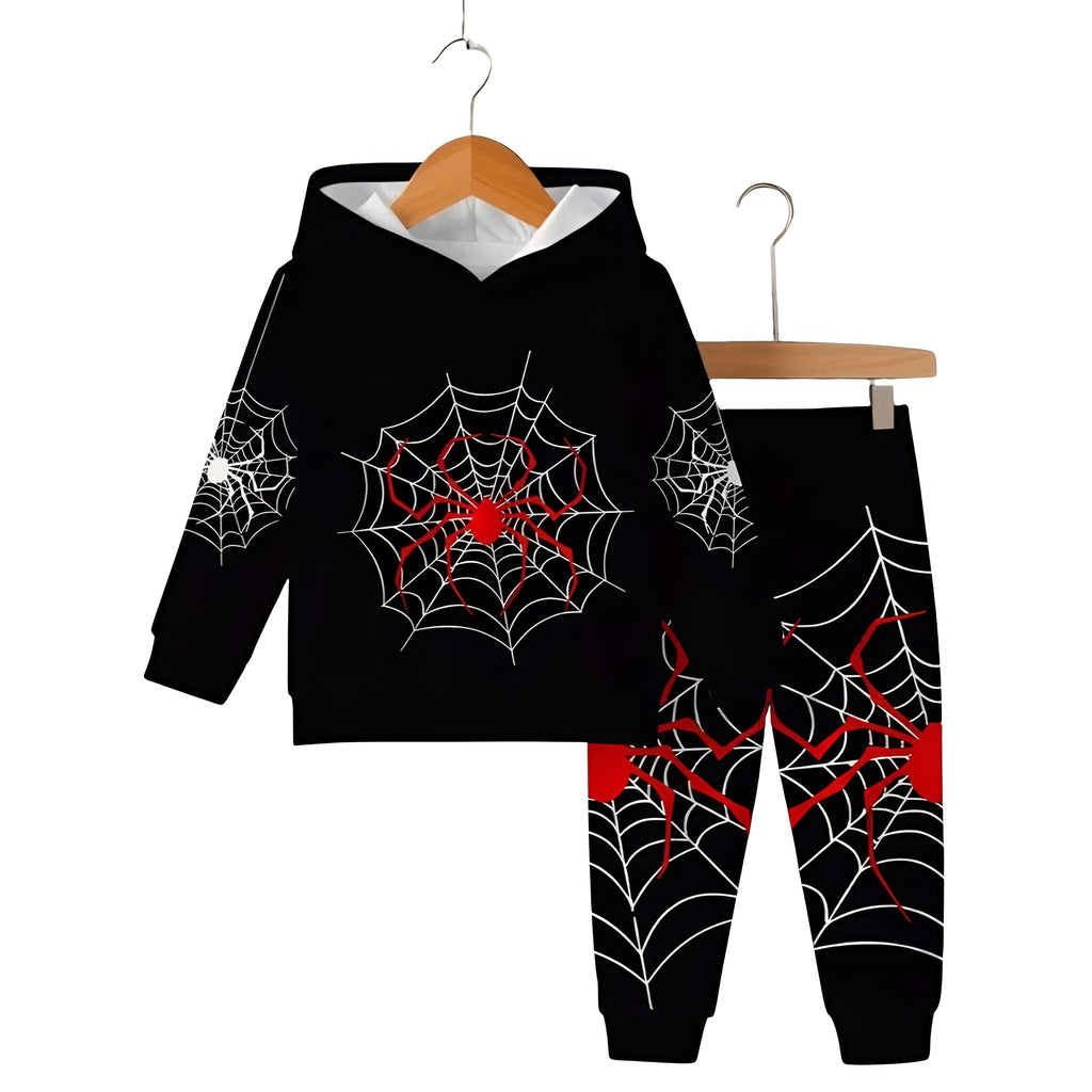 Boys Spider Web Print Hooded Sweatshirt Set
