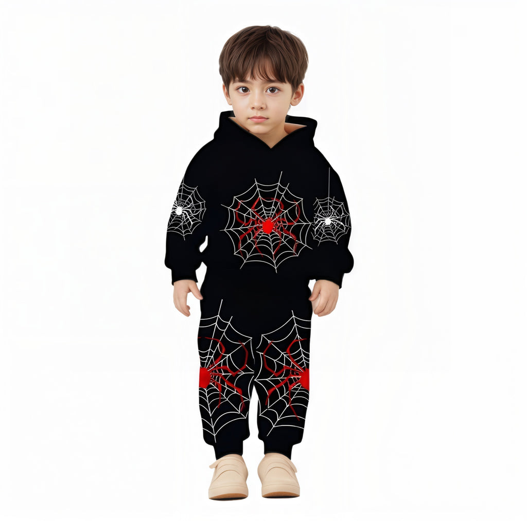 Boys Spider Web Print Hooded Sweatshirt Set