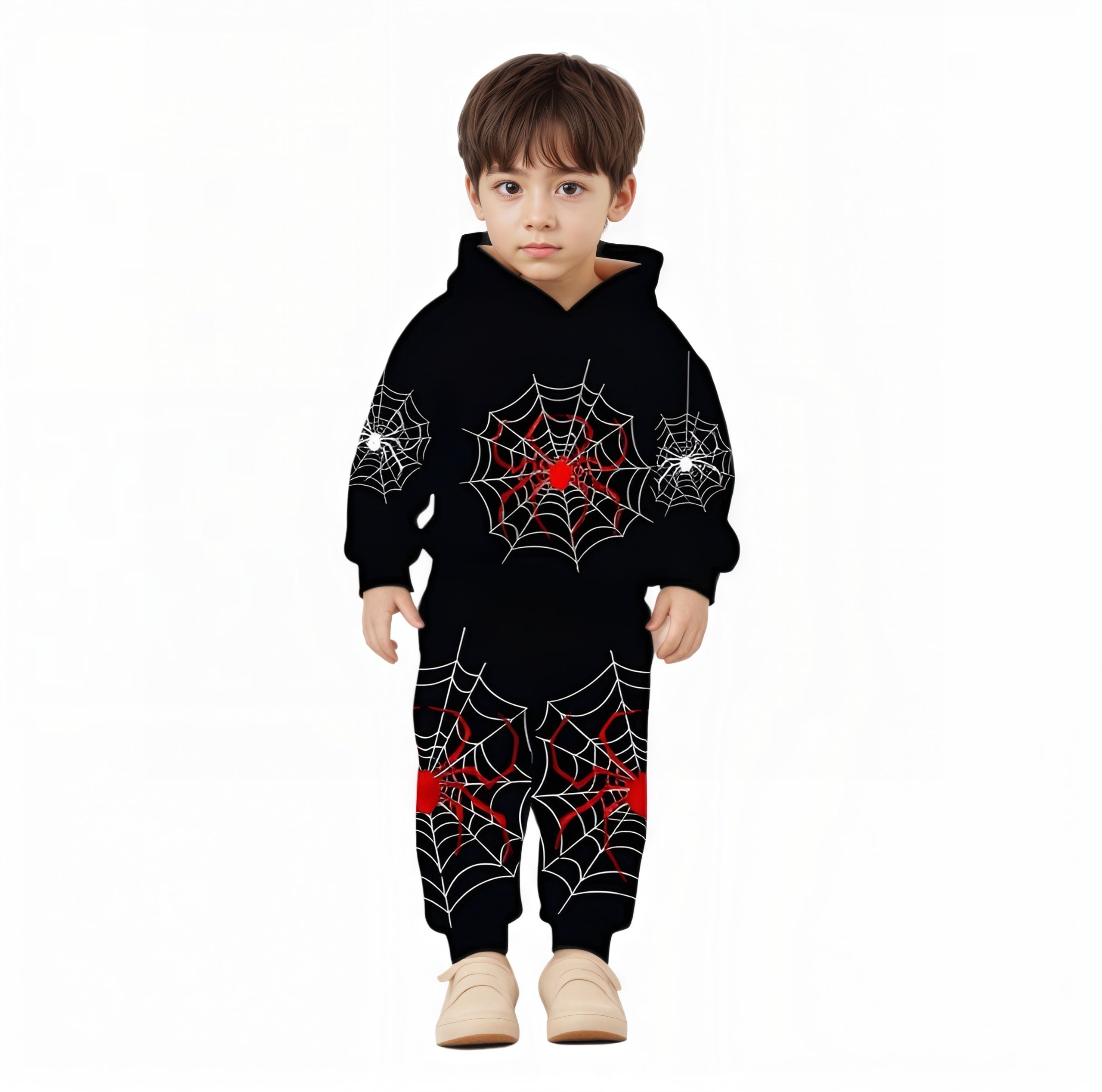 Boys Spider Web Print Hooded Sweatshirt Set