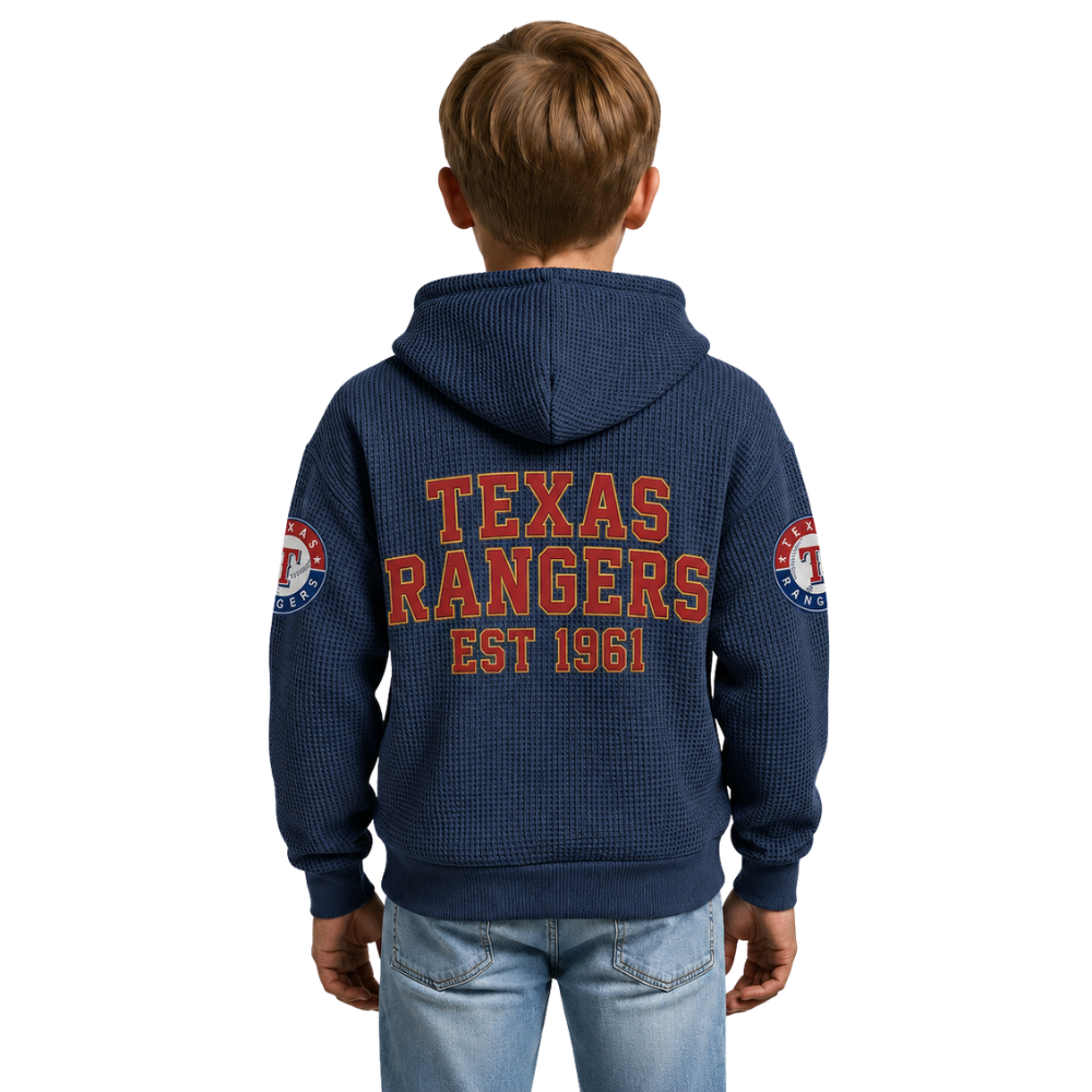 Texas Rangers EST 1961 Kids Baseball Fan Printed Waffle Quarter Zip Hoodie