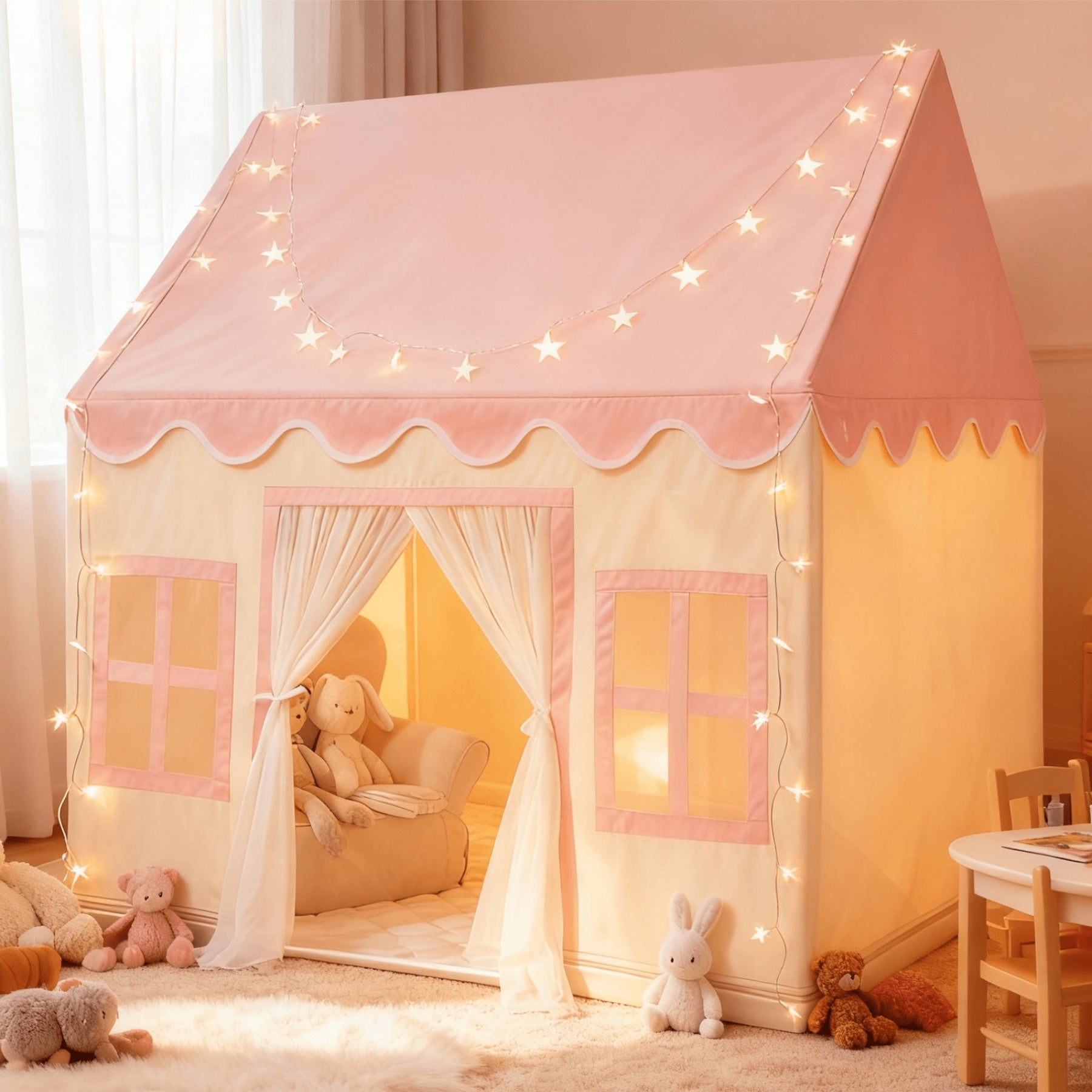 Kids Princess Style Playhouse Tent With Lights And Soft Floor Mat