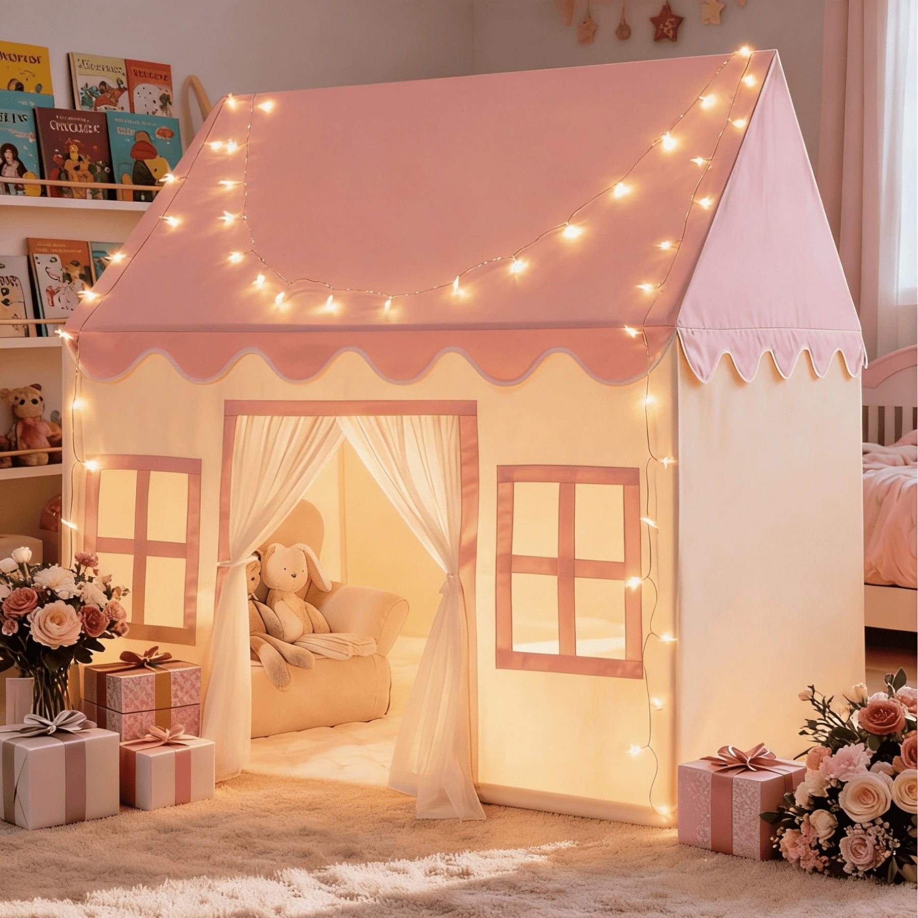 Kids Princess Style Playhouse Tent With Lights And Soft Floor Mat