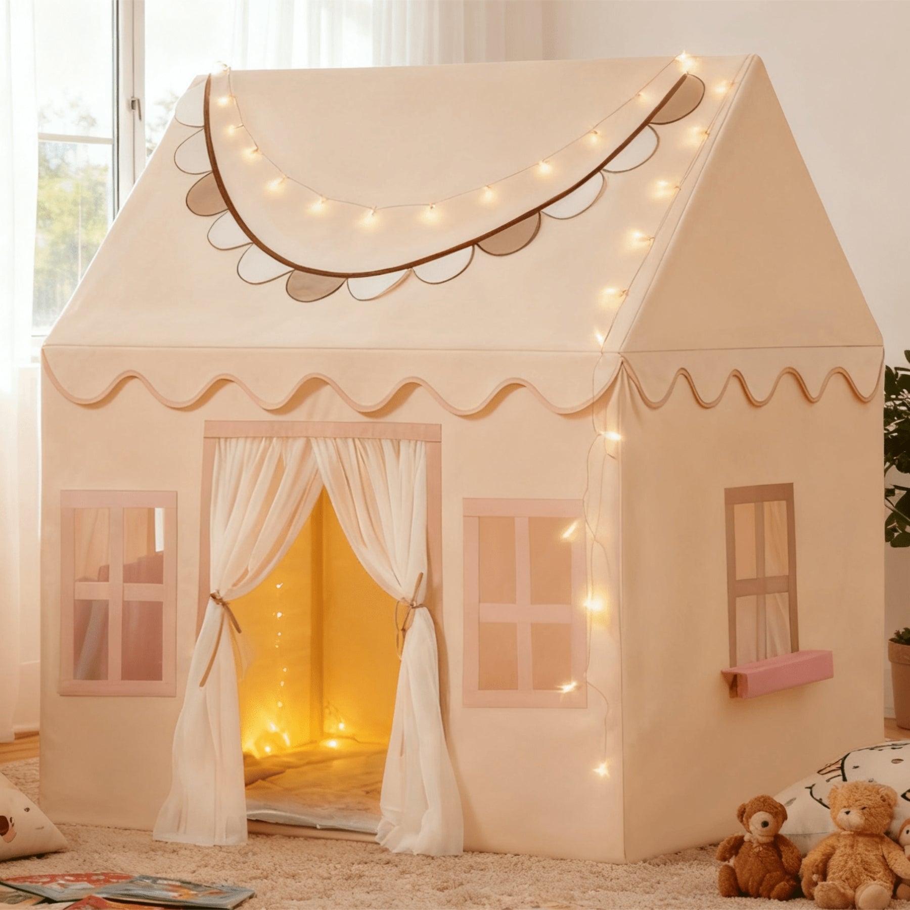 Kids Princess Style Playhouse Tent With Lights And Soft Floor Mat
