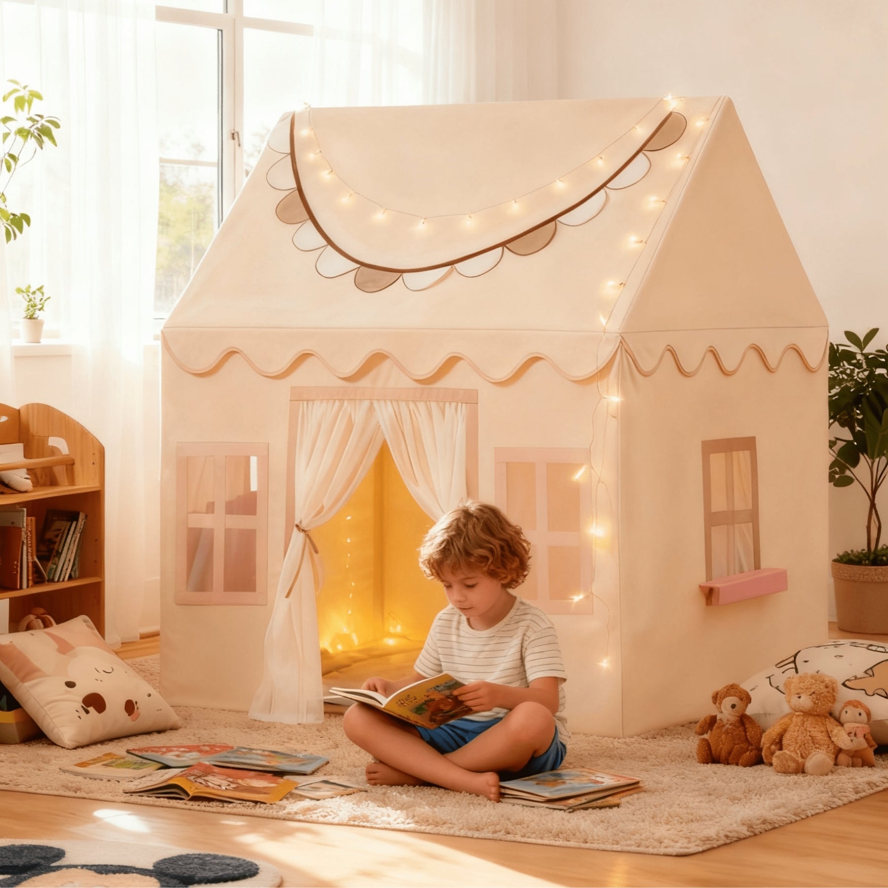 Kids Princess Style Playhouse Tent With Lights And Soft Floor Mat