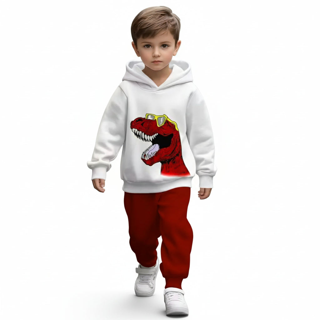 Baby Boys Two Piece Hoodie And Pants Set With Dinosaur And Glasses Pattern