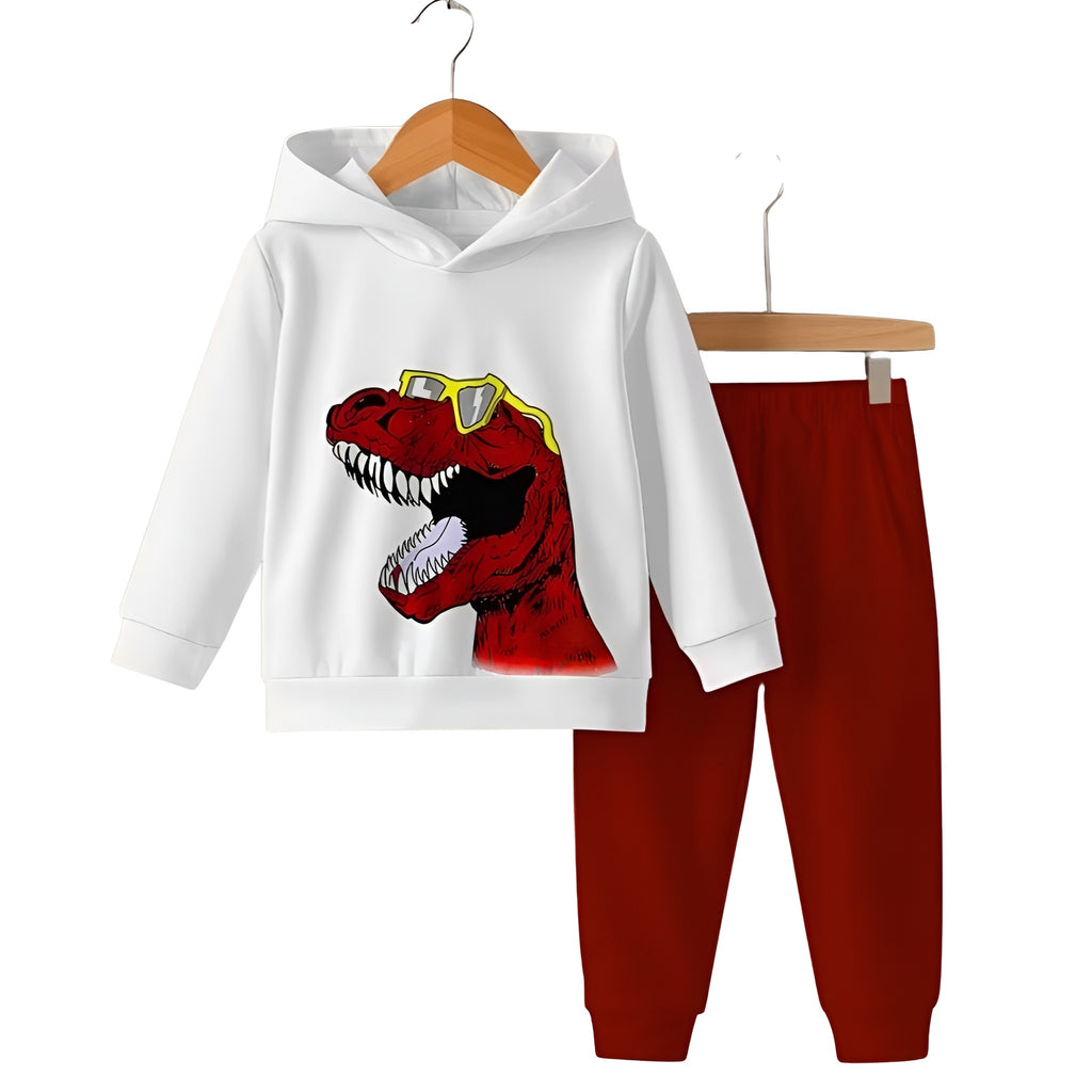 Baby Boys Two Piece Hoodie And Pants Set With Dinosaur And Glasses Pattern