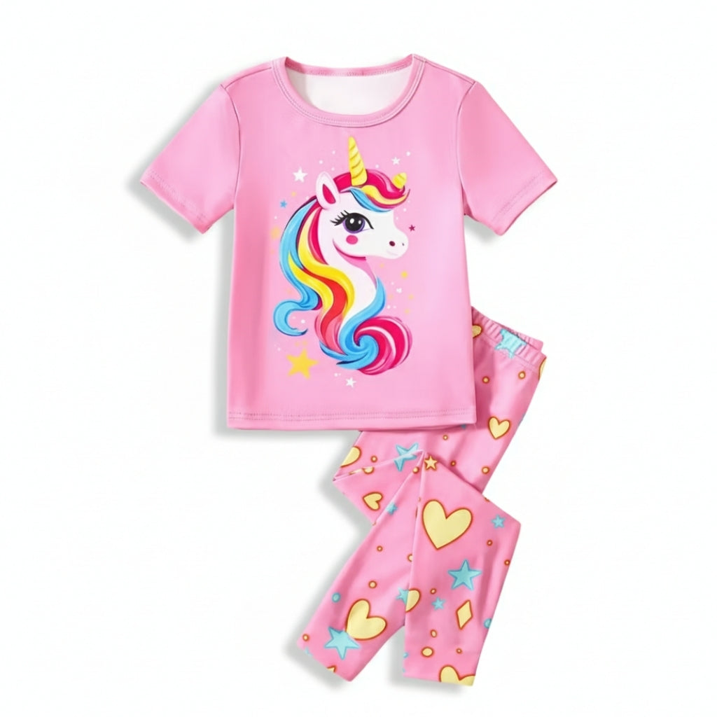 Unicorn Print Short Sleeve Top And Long Pajama Set