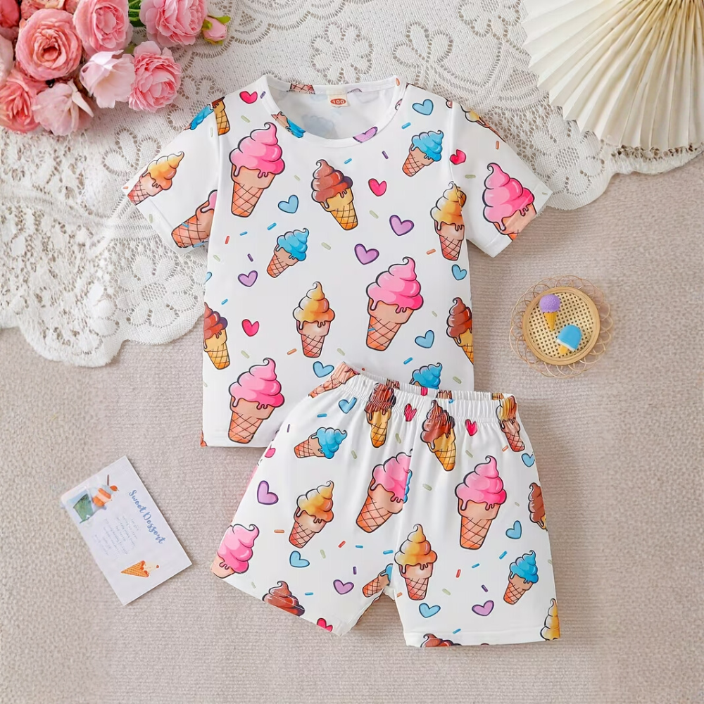 Girls Ice Cream Print Short Pajama Set