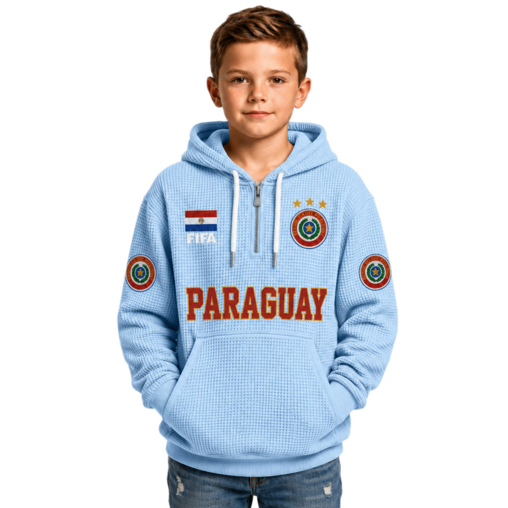 FIFA 2026 Paraguay Printed Waffle Quarter Zip Kids Football Fan Hoodie