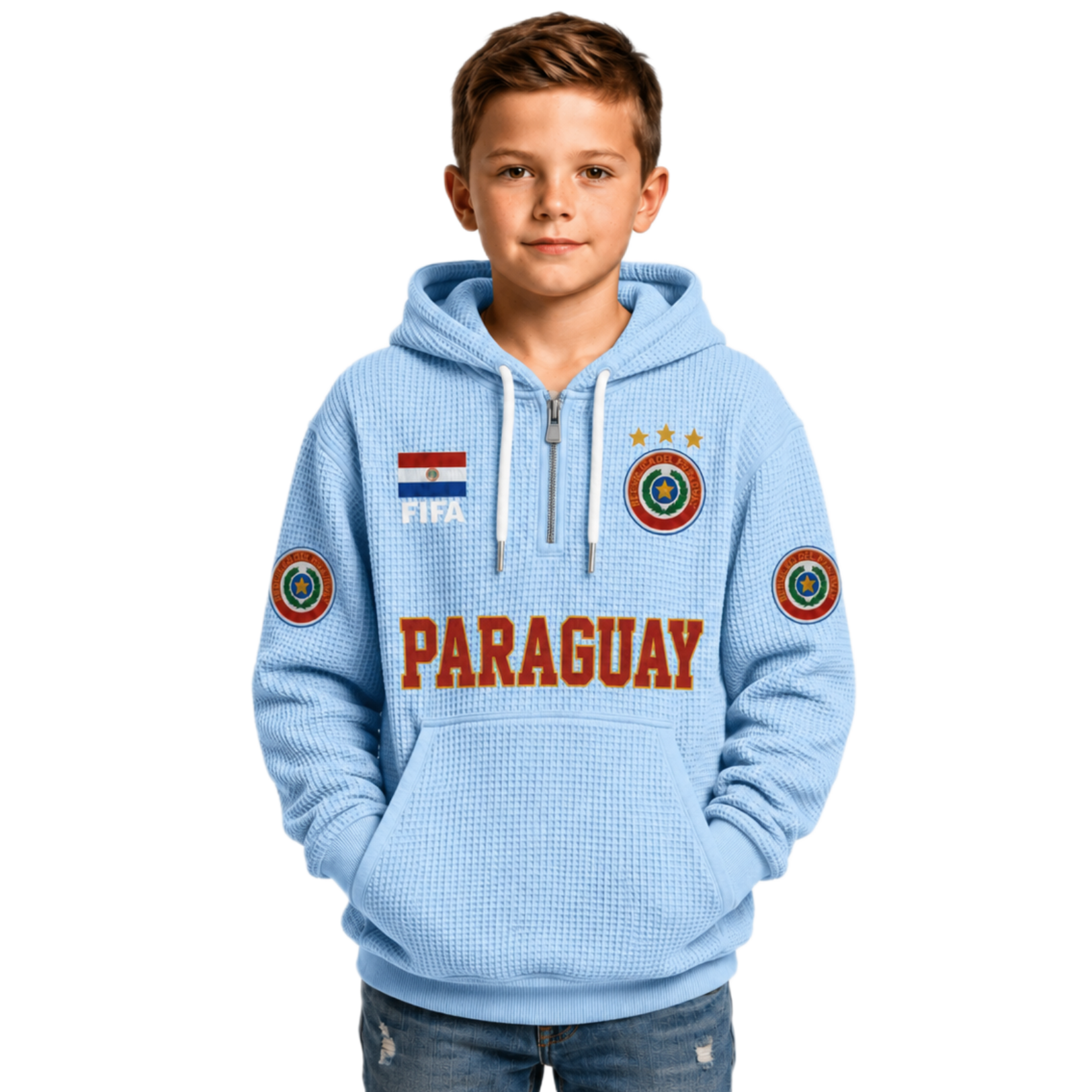 FIFA 2026 Paraguay Printed Waffle Quarter Zip Kids Football Fan Hoodie