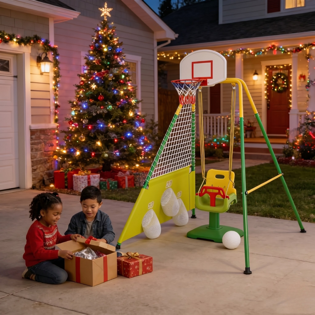 3 In 1 Toddler Swing Set With Basketball Hoop And Soccer Goals With Foldable Metal Stand