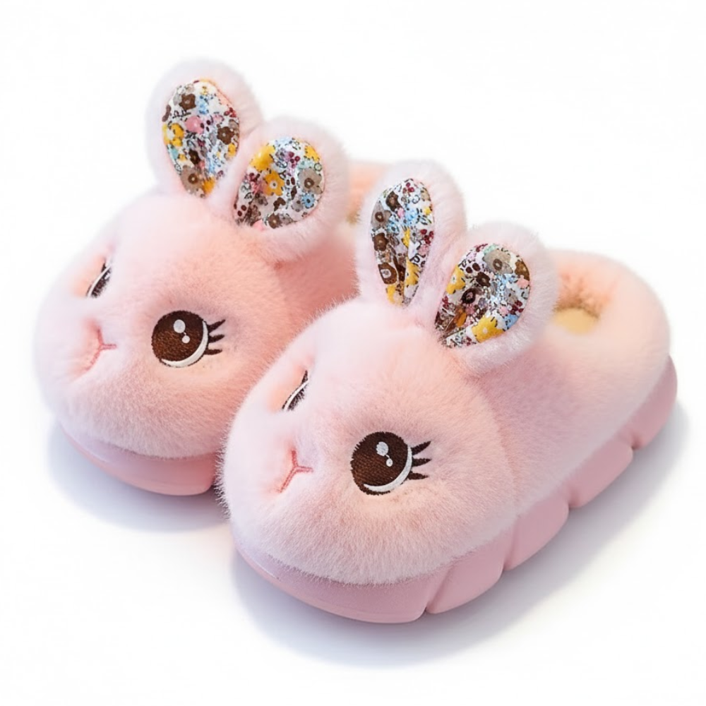 Kids Plush Bunny Slip On Slippers With Warm Lining And PVC Sole