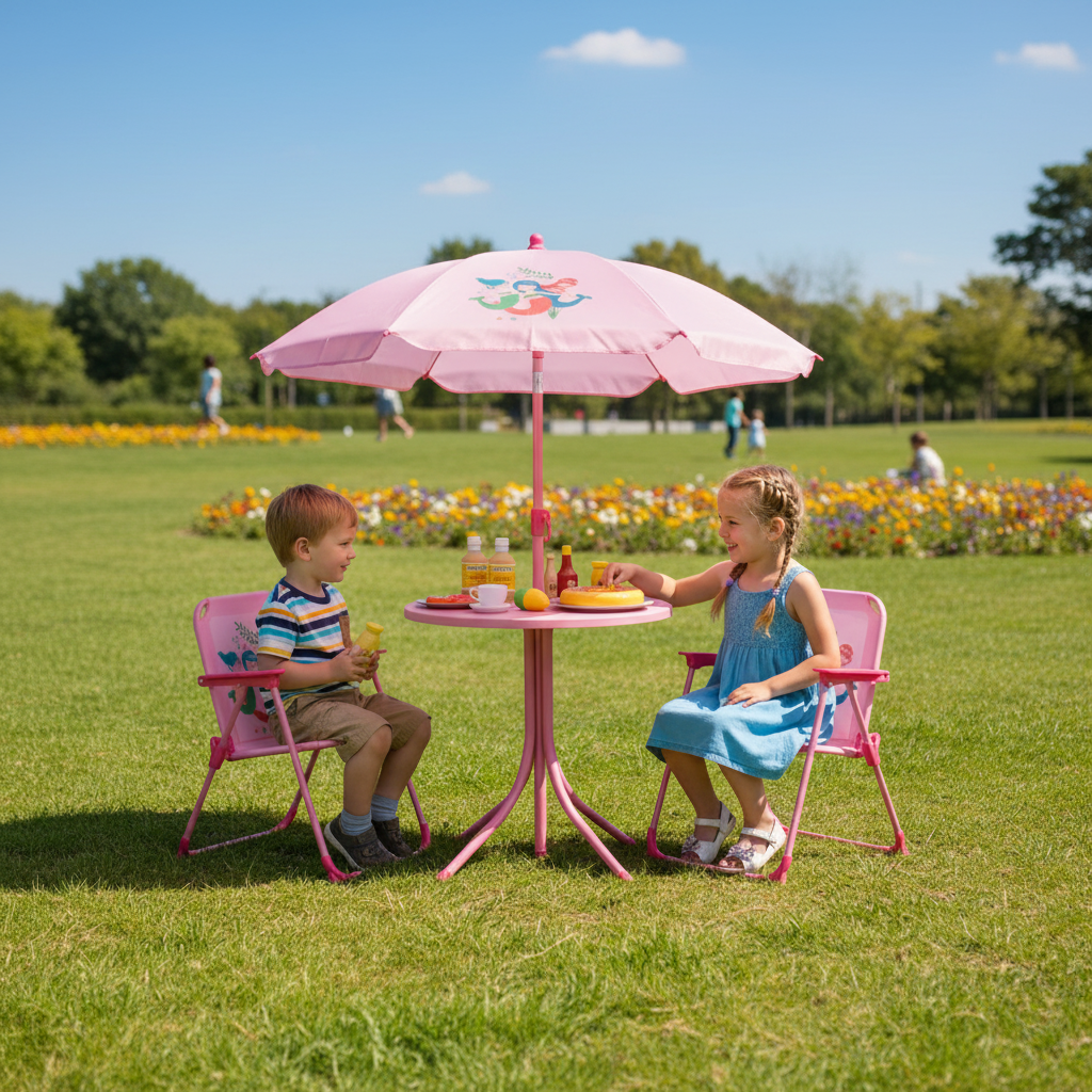 Kids Picnic Table Set With 2 Folding Chairs And Adjustable Umbrella