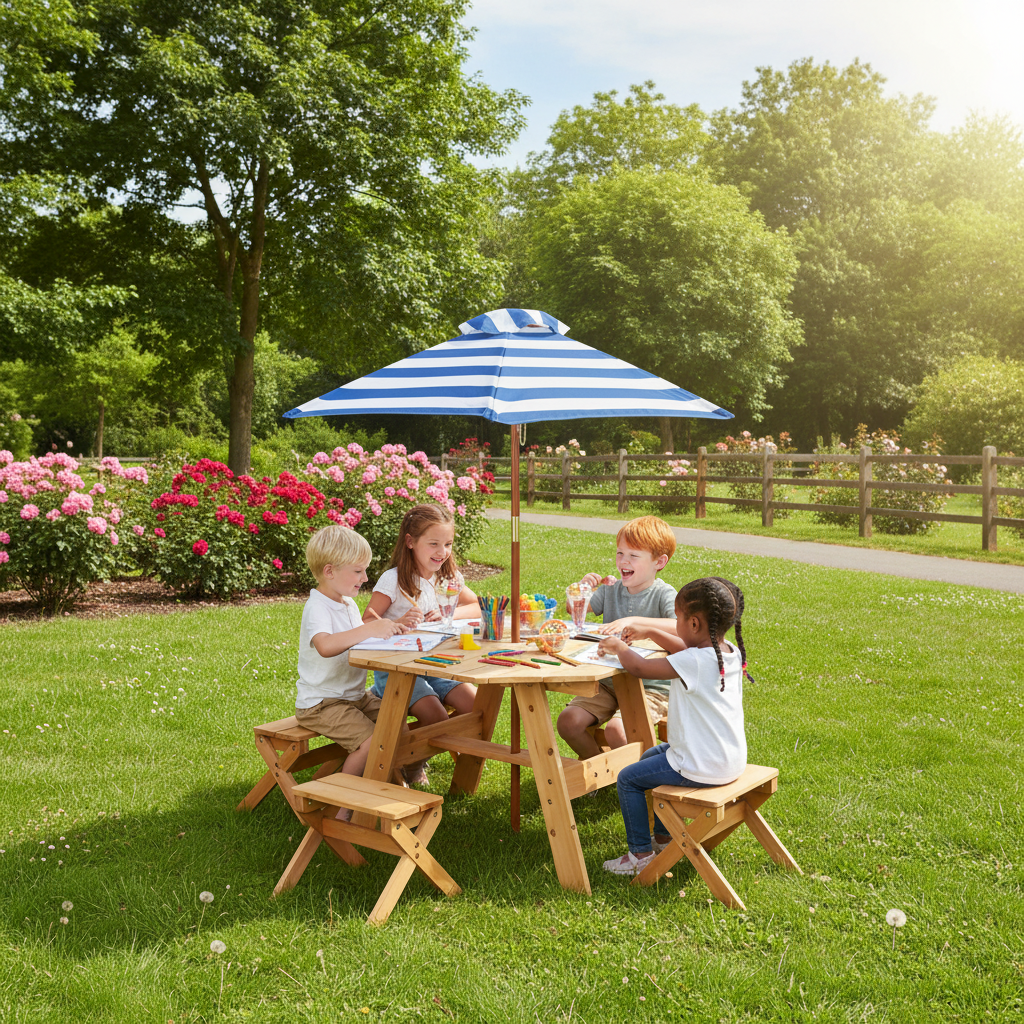 Children Outdoor Table Set With Umbrella