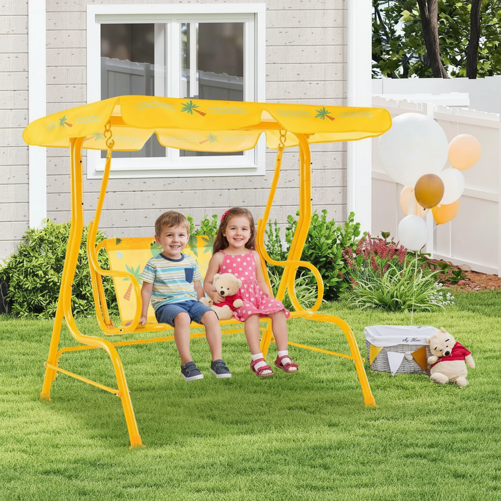 Toddler 2 Seater Porch Swing Chair With Adjustable Canopy And Metal Stand