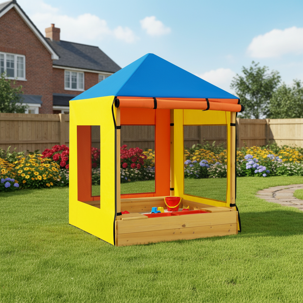 Kids Wooden Sandbox With Canopy Sand Pit With Windows And Curtains Bench