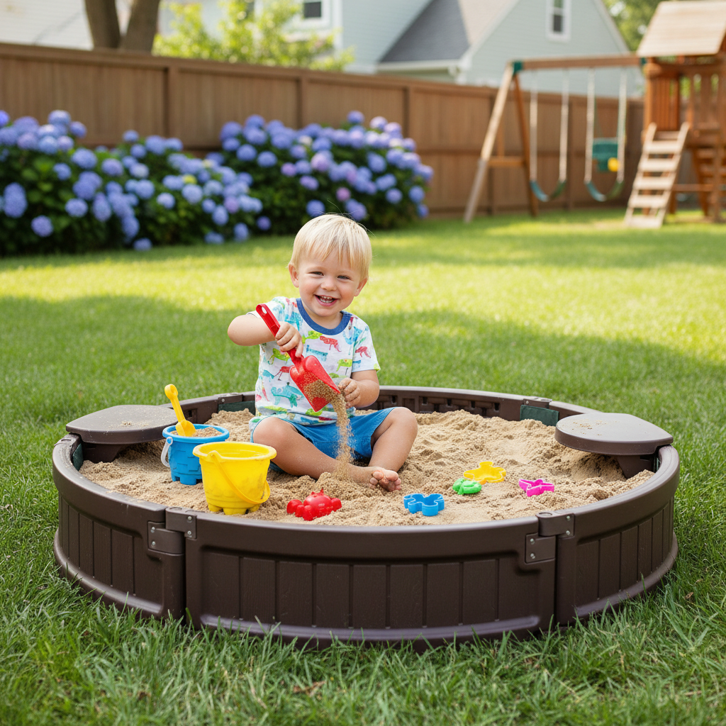 Kids Wooden Sandbox With Built In Corner Seat Cover