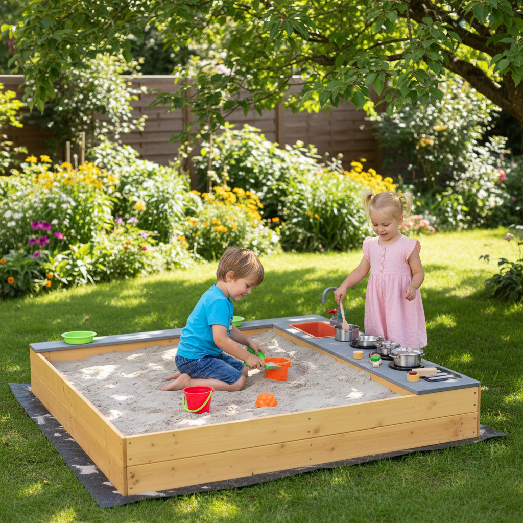 Kids Sandbox Outdoor Wooden Sandpit With Bottom Liner Creative Cooking Area