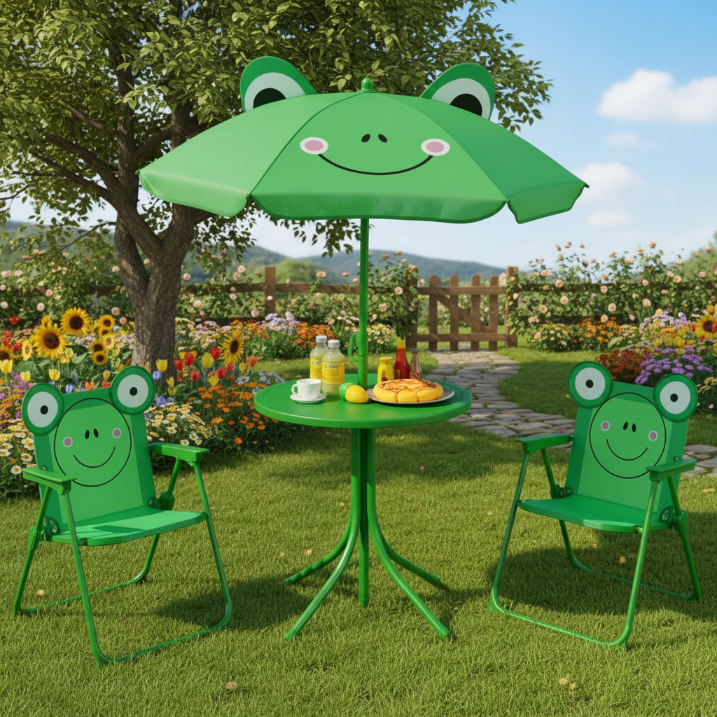 Kids Picnic Table Set With 2 Folding Chairs And Adjustable Umbrella