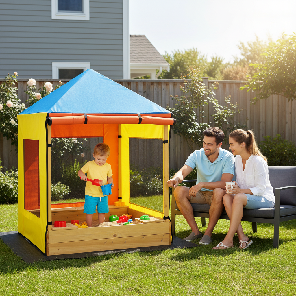 Kids Wooden Sandbox With Canopy Sand Pit With Windows And Curtains Bench