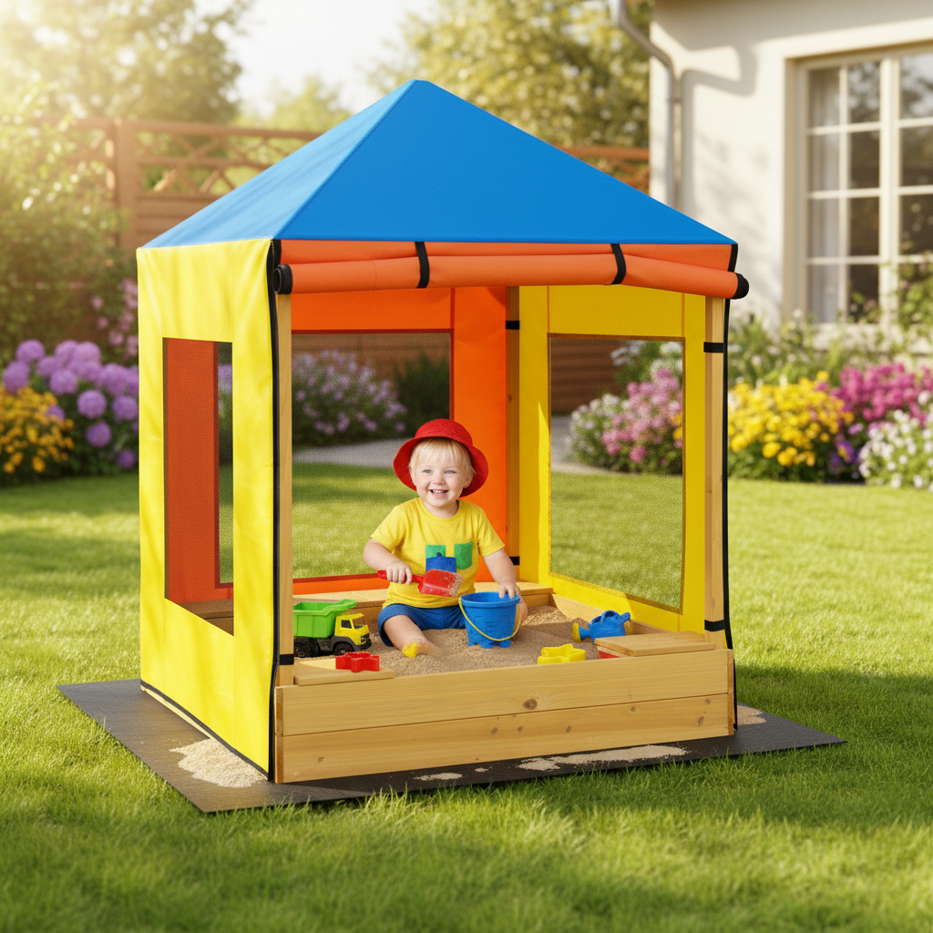 Kids Wooden Sandbox With Canopy Sand Pit With Windows And Curtains Bench