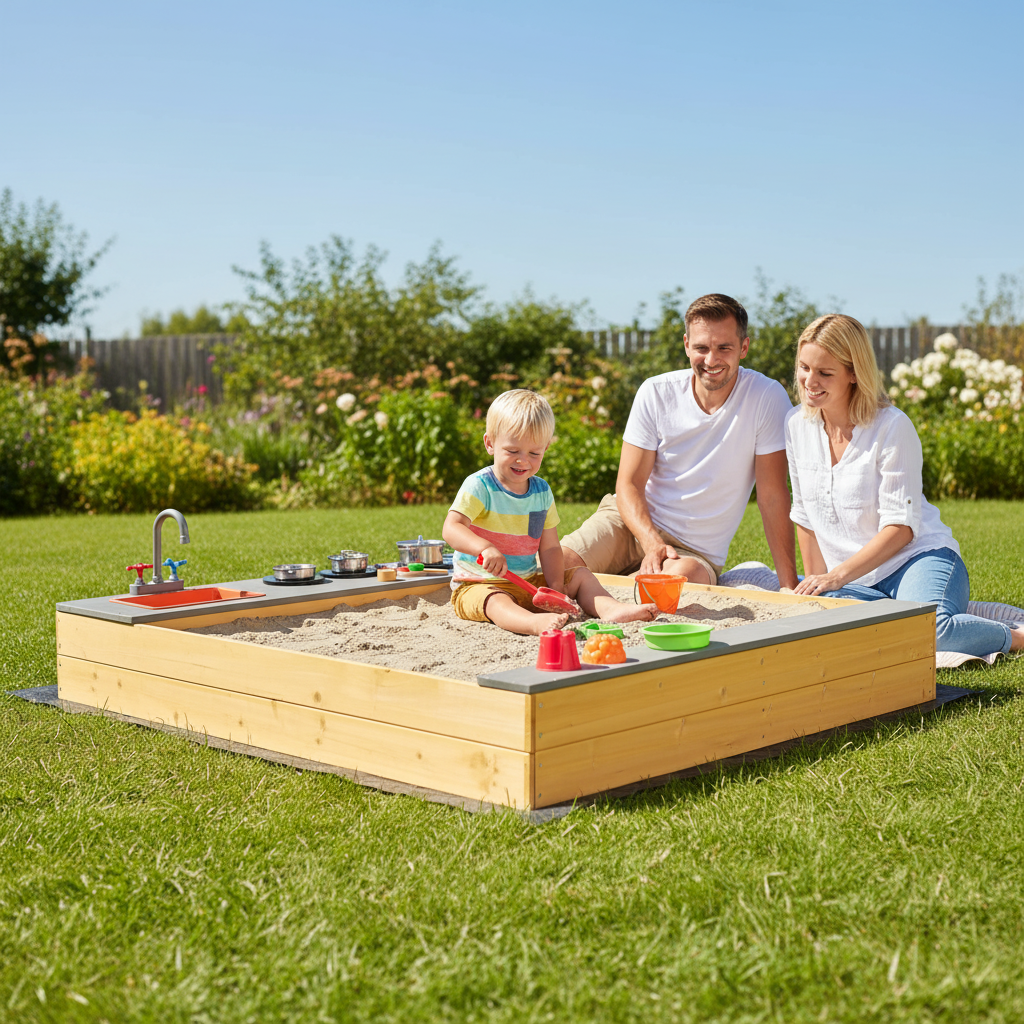 Kids Sandbox Outdoor Wooden Sandpit With Bottom Liner Creative Cooking Area
