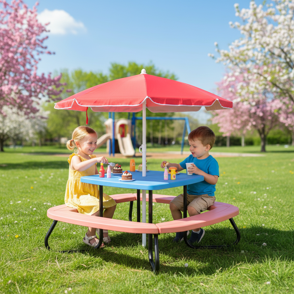 Kids Outdoor Picnic Table With Adjustable Collapsible Umbrella