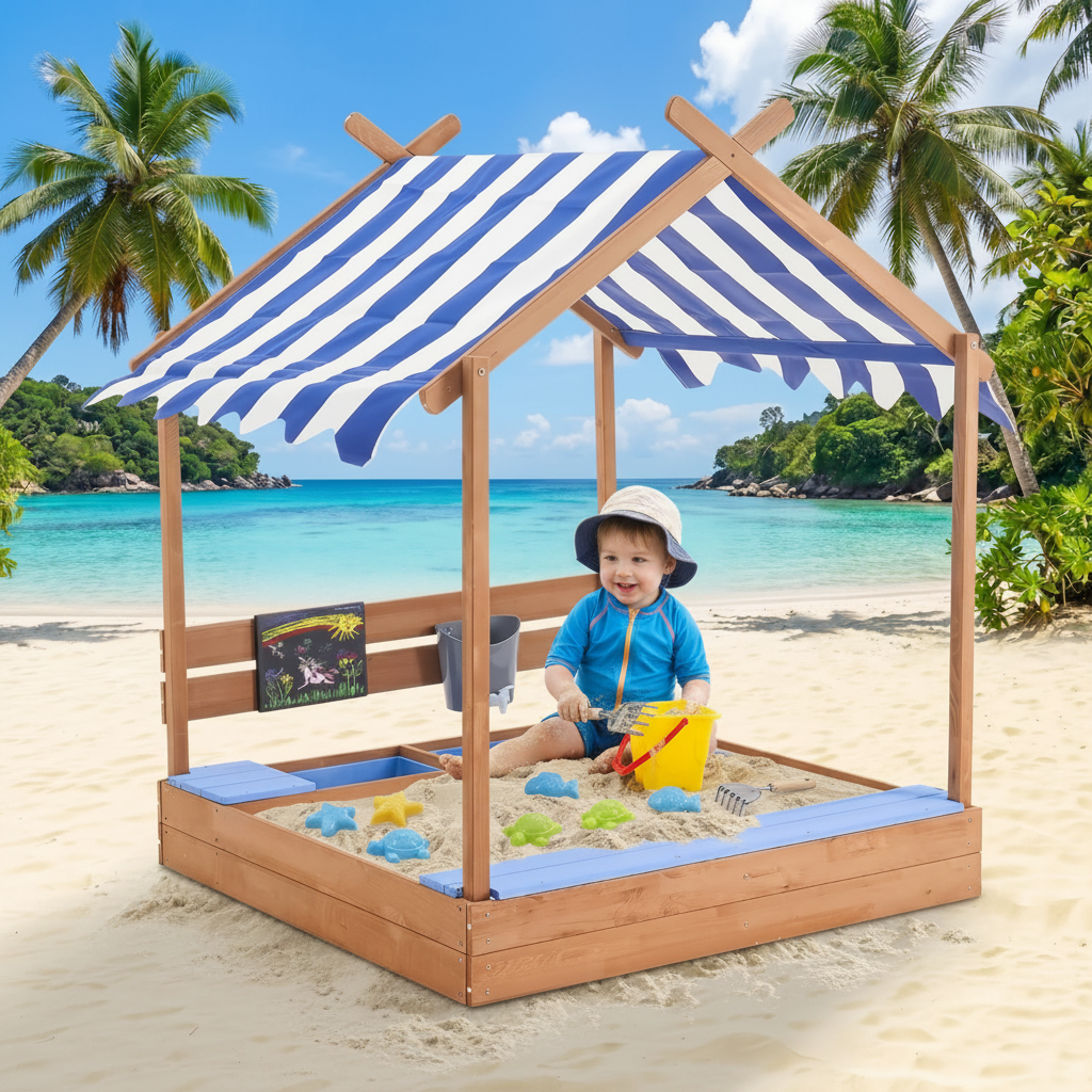 Sandbox With Adjustable Kids Canopy And Sand Play Accessories
