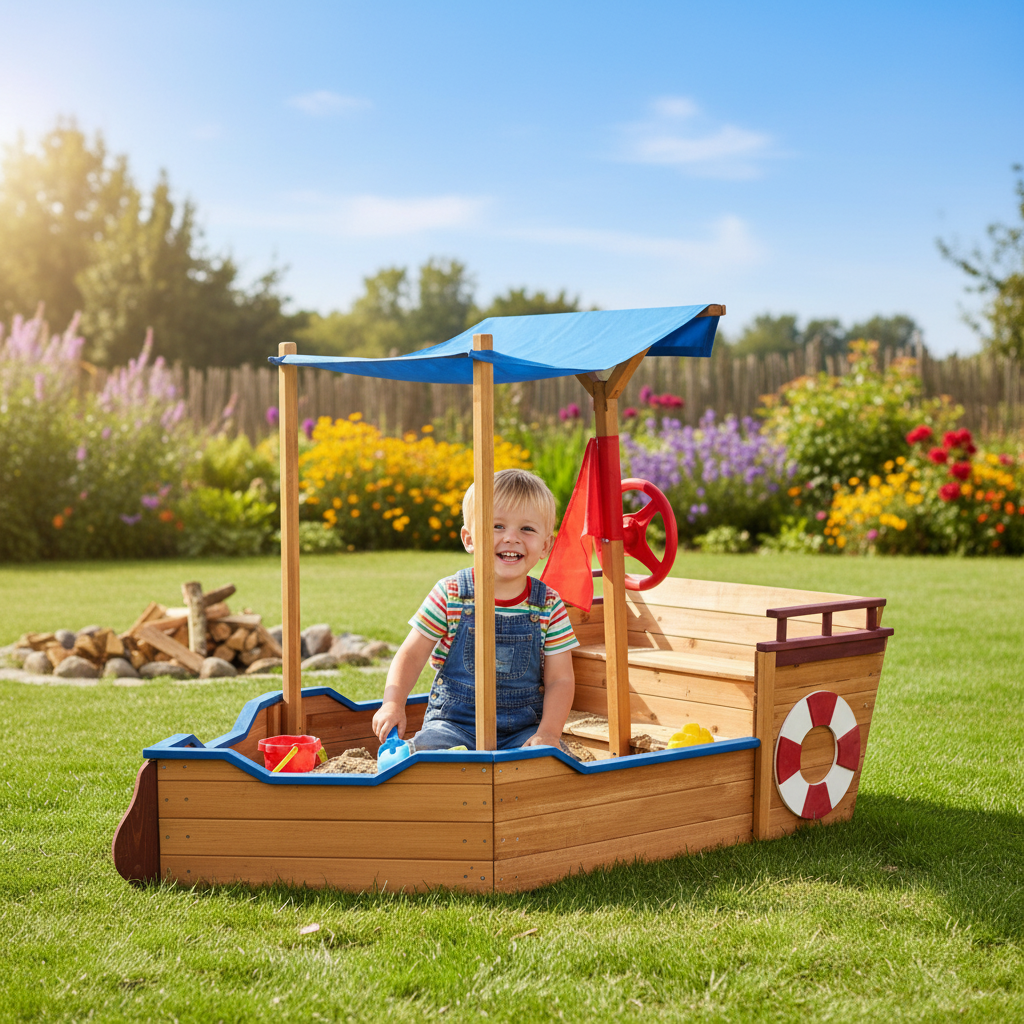 Kids Pirate Ship Sandbox With Canopy And Storage Bench