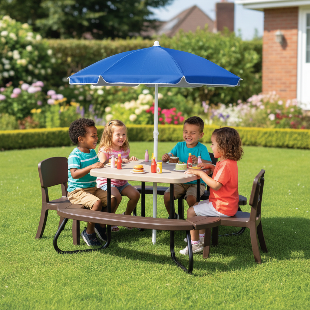 Kids Outdoor Picnic Table With Adjustable Collapsible Umbrella