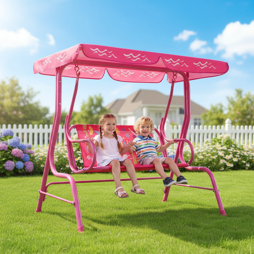 Toddler 2 Seater Porch Swing Chair With Adjustable Canopy And Metal Stand