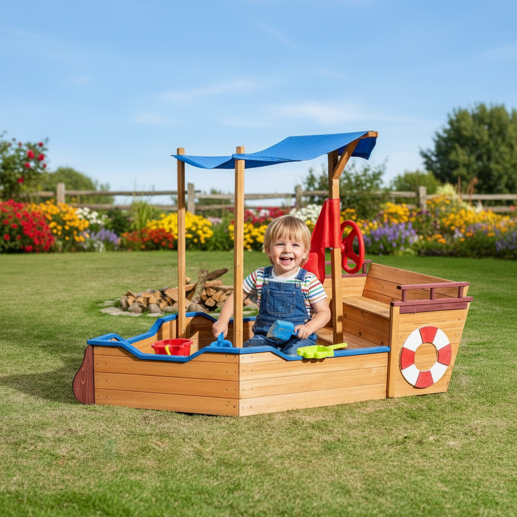Kids Pirate Ship Sandbox With Canopy And Storage Bench