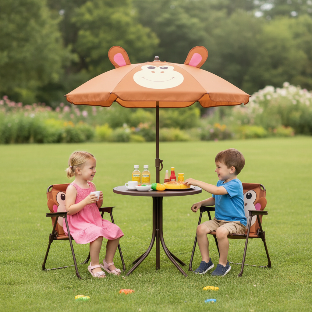 Kids Picnic Table Set With 2 Folding Chairs And Adjustable Umbrella