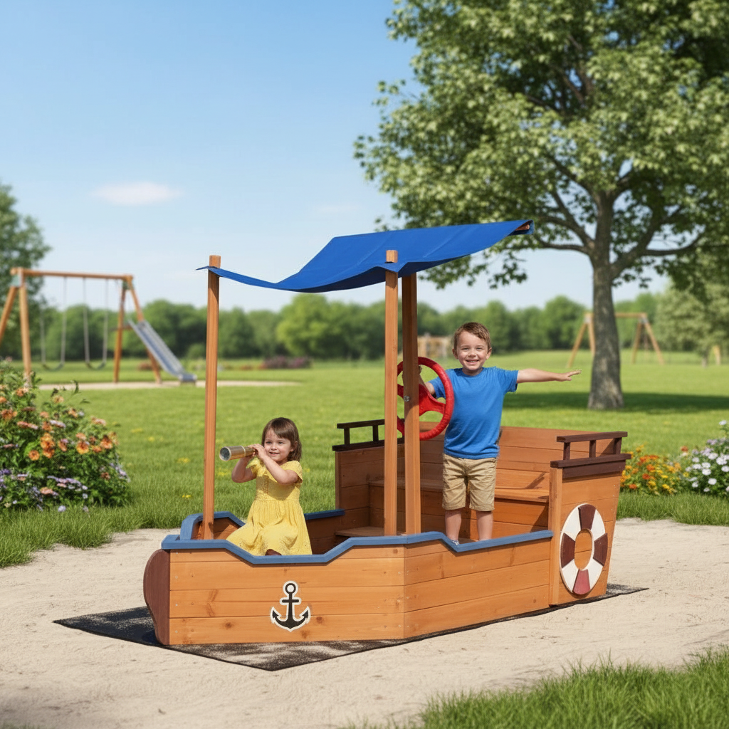 Kids Pirate Ship Sandbox With Canopy And Storage Bench