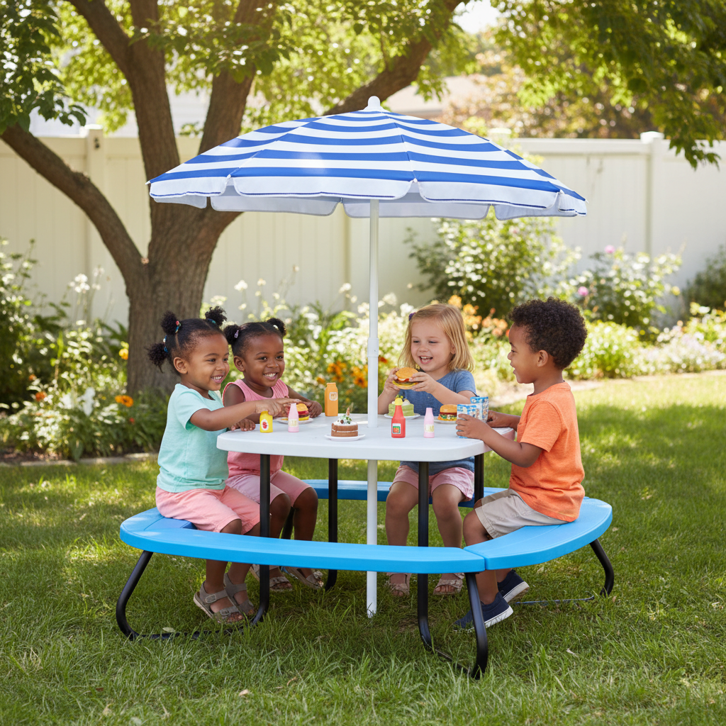 Kids Outdoor Picnic Table With Adjustable Collapsible Umbrella