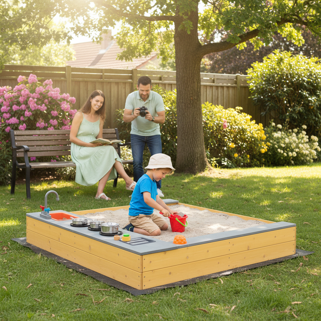 Kids Sandbox Outdoor Wooden Sandpit With Bottom Liner Creative Cooking Area
