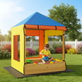 Kids Wooden Sandbox With Canopy Sand Pit With Windows And Curtains Bench