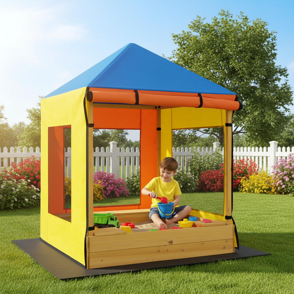 Kids Wooden Sandbox With Canopy Sand Pit With Windows And Curtains Bench