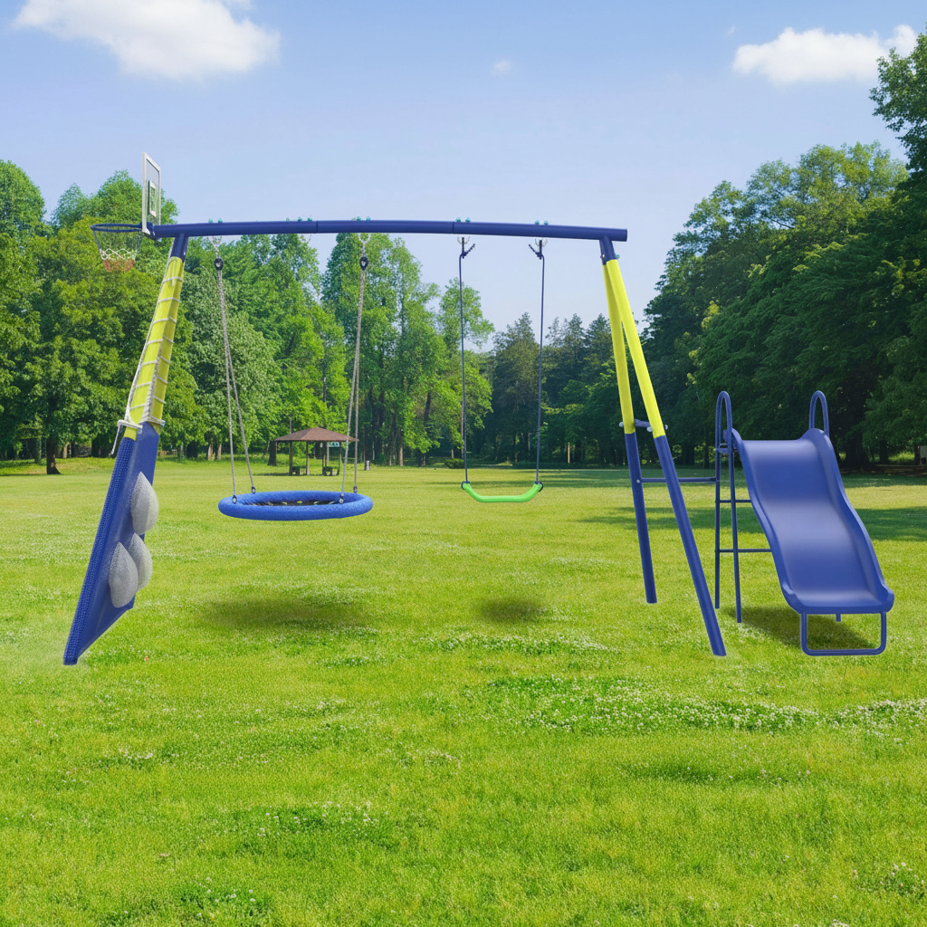 Kids 5 In 1 Heavy Duty Swing And Slide Set With Basketball Hoop