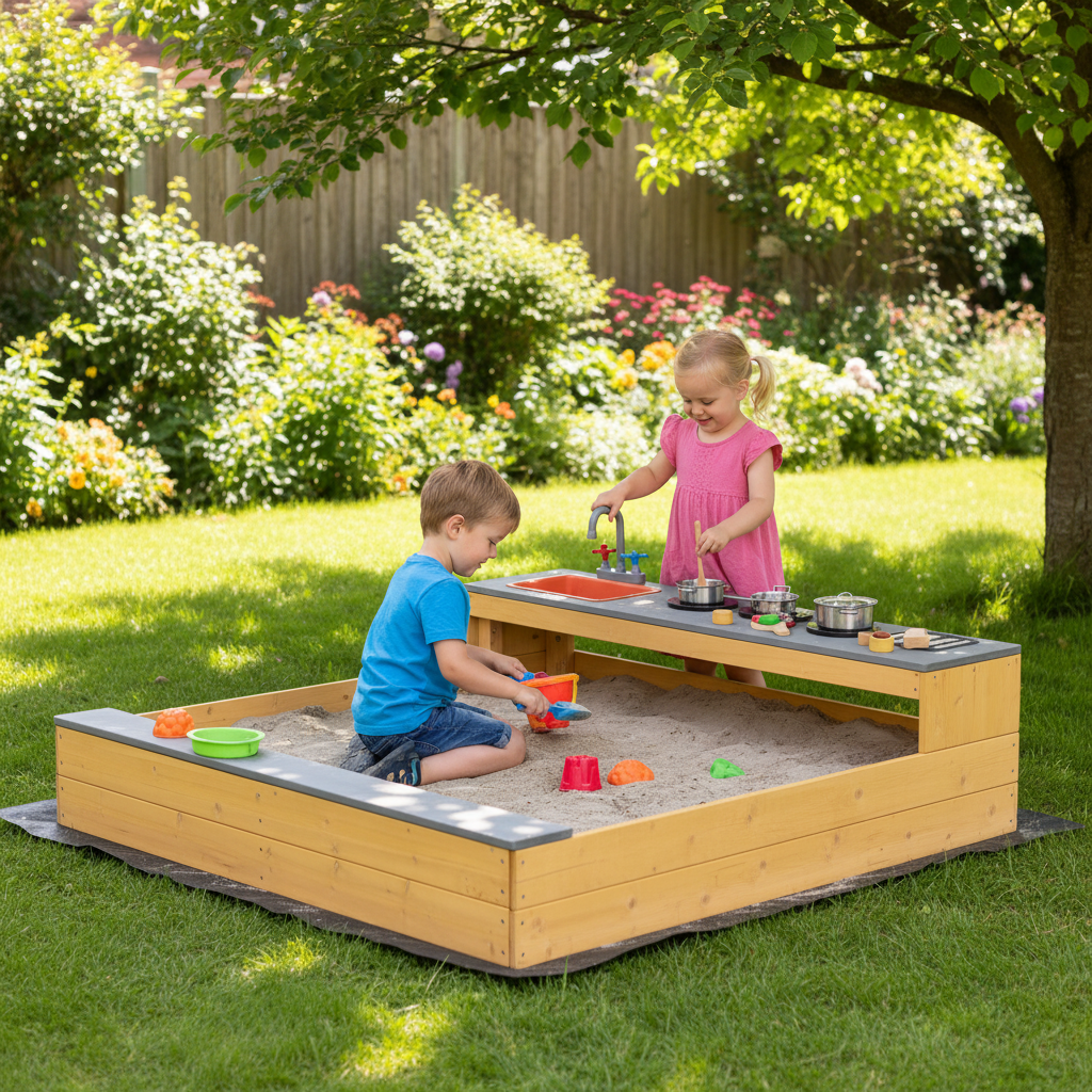 Kids Sandbox Outdoor Wooden Sandpit With Bottom Liner Creative Cooking Area
