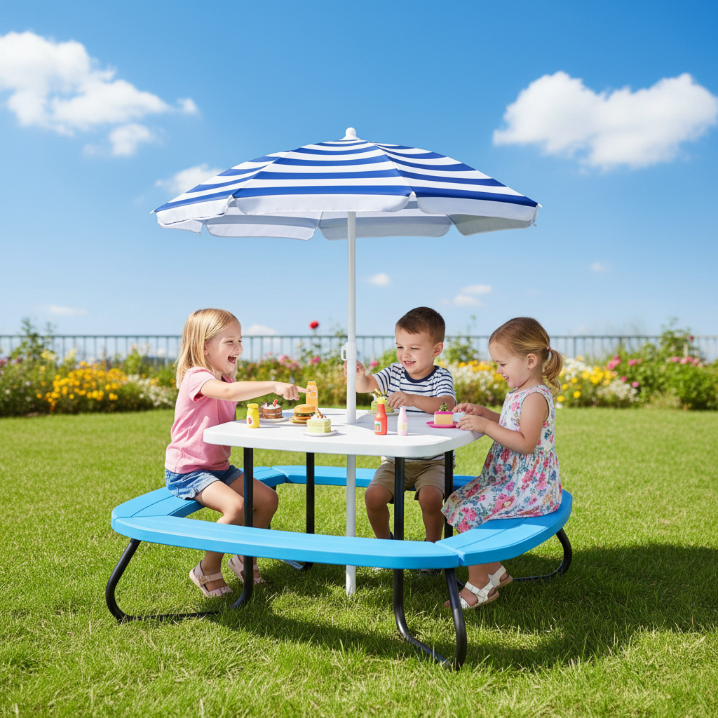 Kids Outdoor Picnic Table With Adjustable Collapsible Umbrella