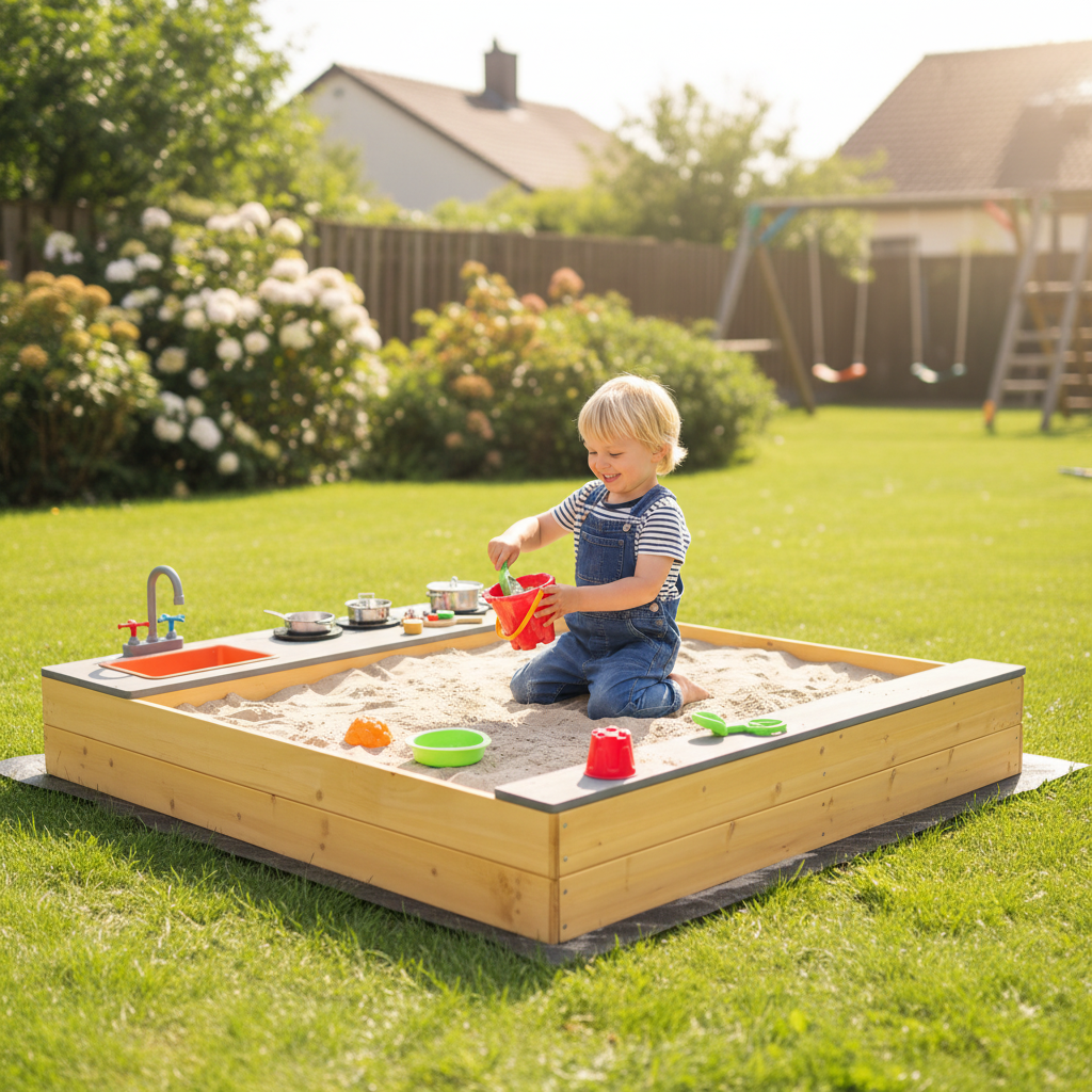 Kids Sandbox Outdoor Wooden Sandpit With Bottom Liner Creative Cooking Area