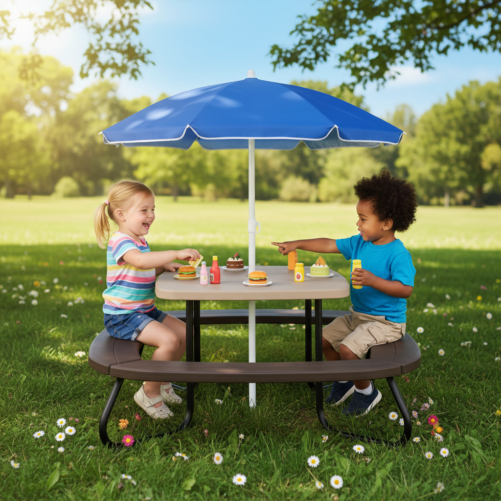 Kids Outdoor Picnic Table With Adjustable Collapsible Umbrella